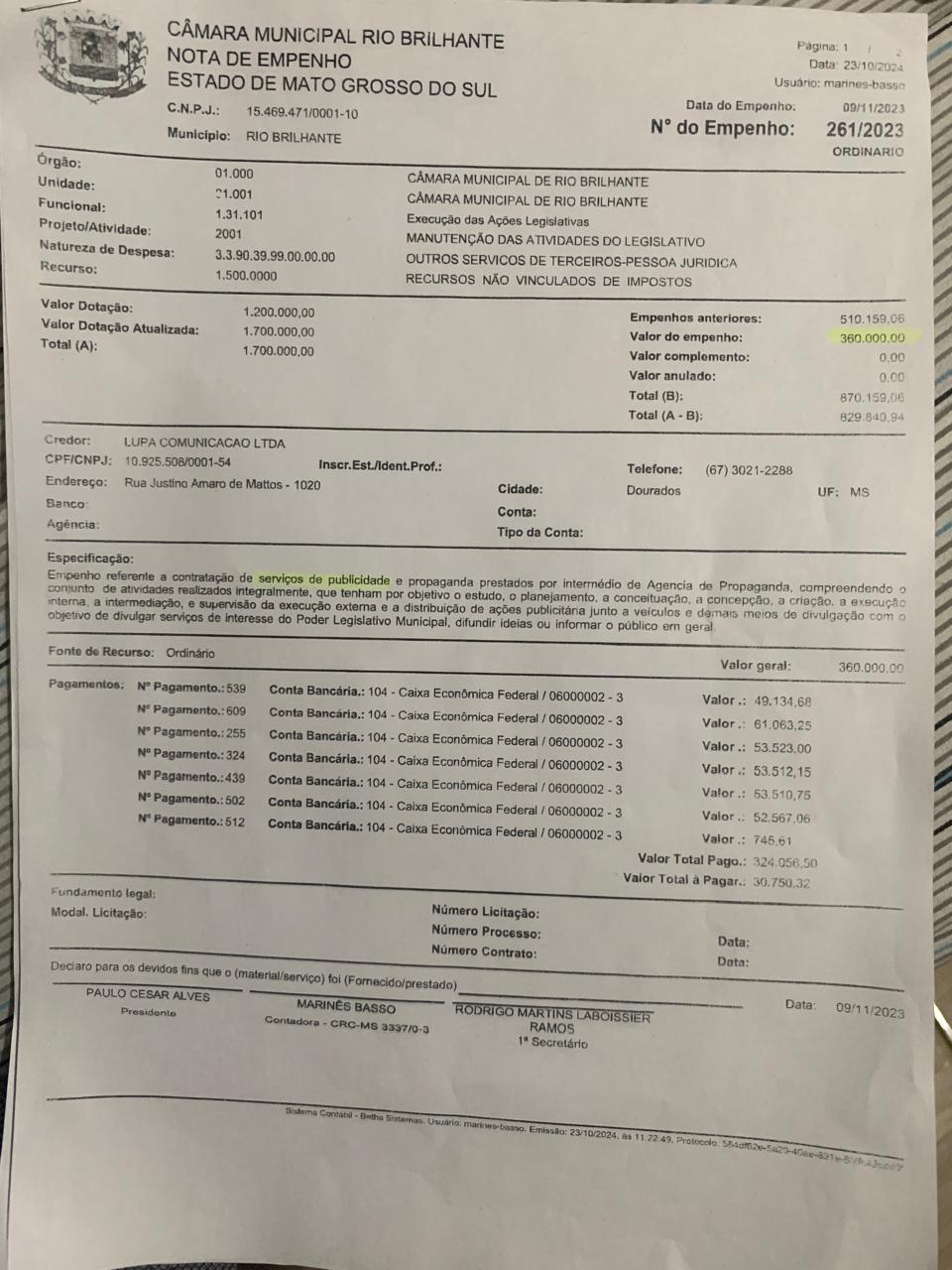 Documentos da Câmara de Rio Brilhante desmentem nota emitida pela assessoria Documentos da Câmara de Rio Brilhante desmentem nota emitida pela assessoria