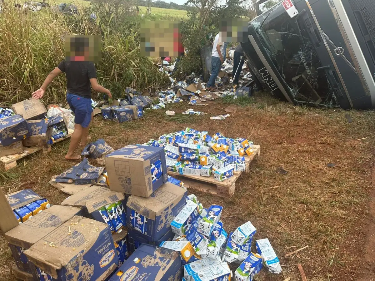 Moradores recolhem carga de leite tombada na BR-163