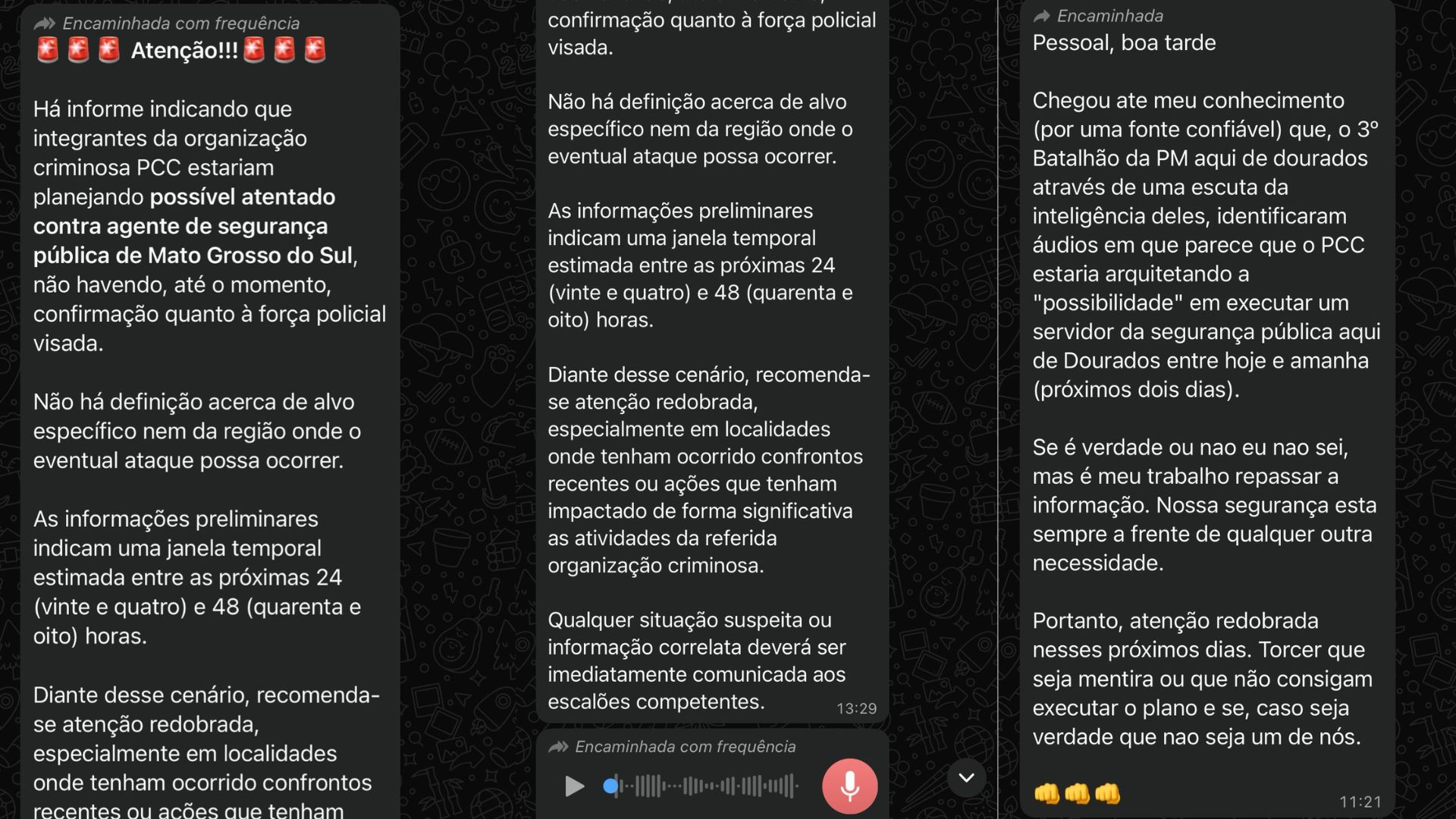 Mensagens de suposto atentado do PCC contra policiais de MS viraliza no WhatsApp: ‘Atenção redobrada’